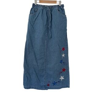Vintage Quacker Factory Denim Maxi Skirt M Embroidered Stars Beaded Y2K USA